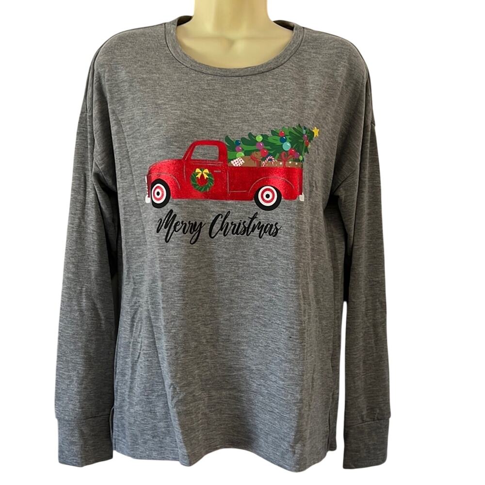 Modern Canvas Size M Gray Christmas Knit Top Woman Long Sleeve Pullover Truck
